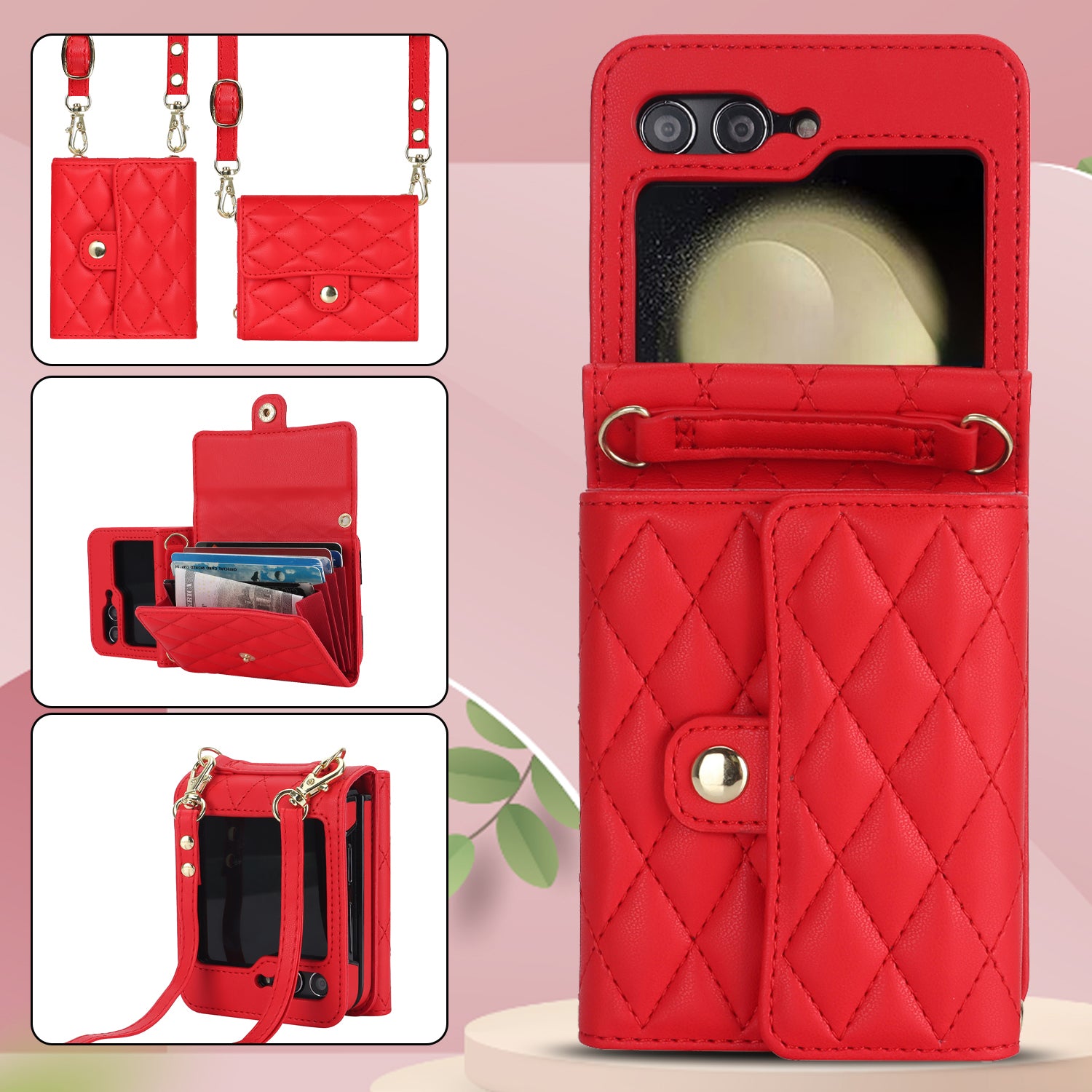 ZD 03 for Samsung Galaxy Z Flip6 5G Case Bag Design PU Leather Crossbody Phone Cover RFID Blocking - Red