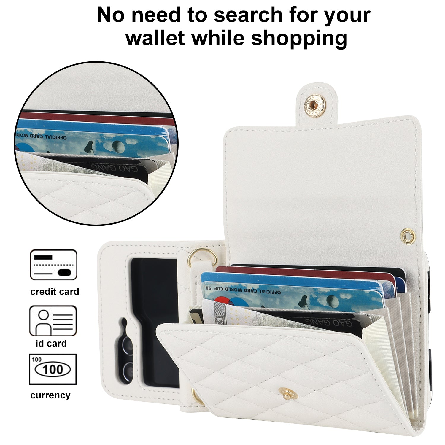 ZD 03 for Samsung Galaxy Z Flip6 5G Case Bag Design PU Leather Crossbody Phone Cover RFID Blocking - White