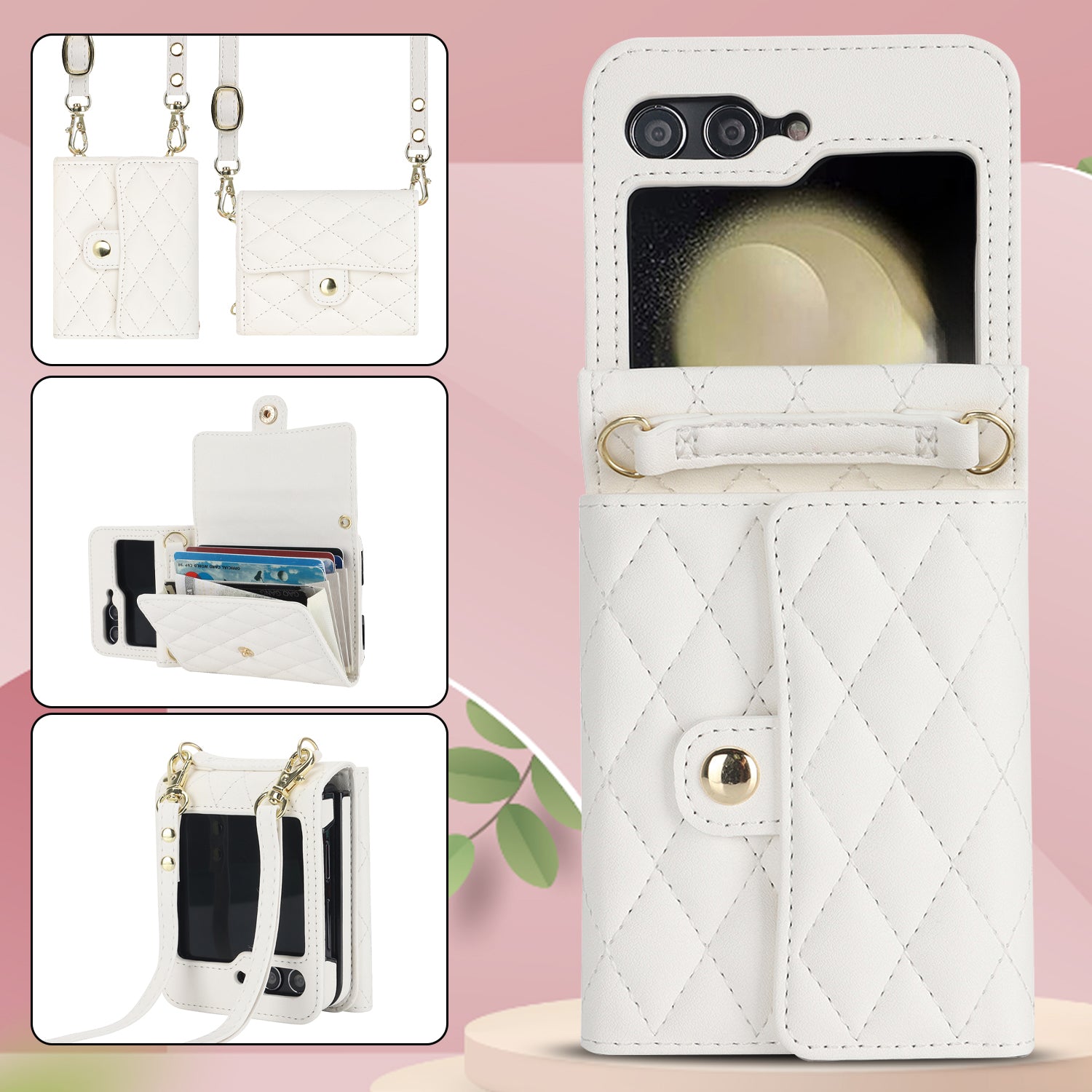 ZD 03 for Samsung Galaxy Z Flip6 5G Case Bag Design PU Leather Crossbody Phone Cover RFID Blocking - White