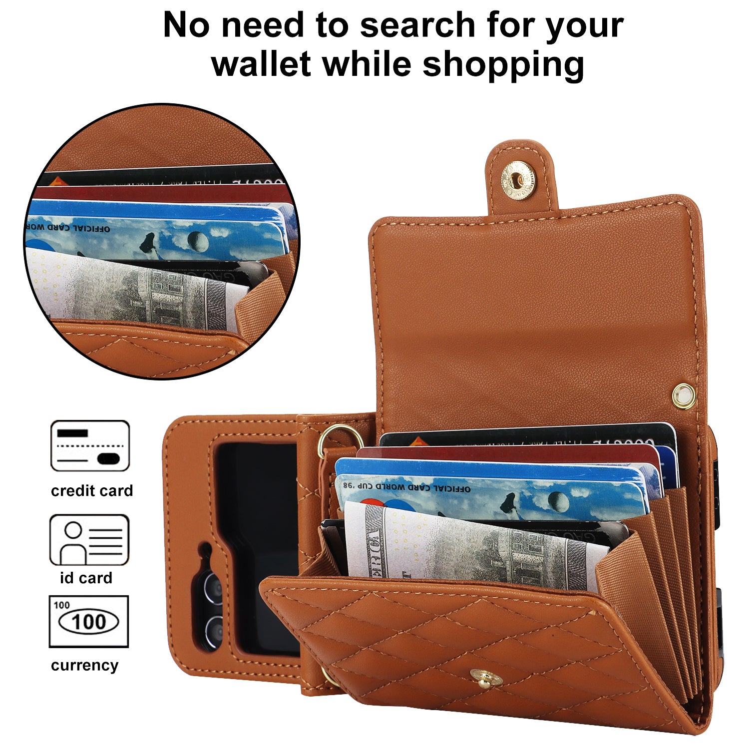 ZD 03 for Samsung Galaxy Z Flip6 5G Case Bag Design PU Leather Crossbody Phone Cover RFID Blocking - Brown