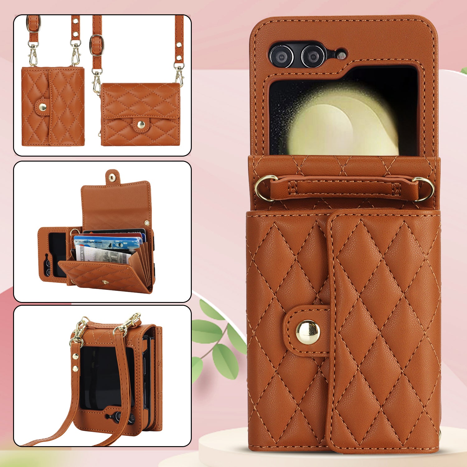 ZD 03 for Samsung Galaxy Z Flip6 5G Case Bag Design PU Leather Crossbody Phone Cover RFID Blocking - Brown