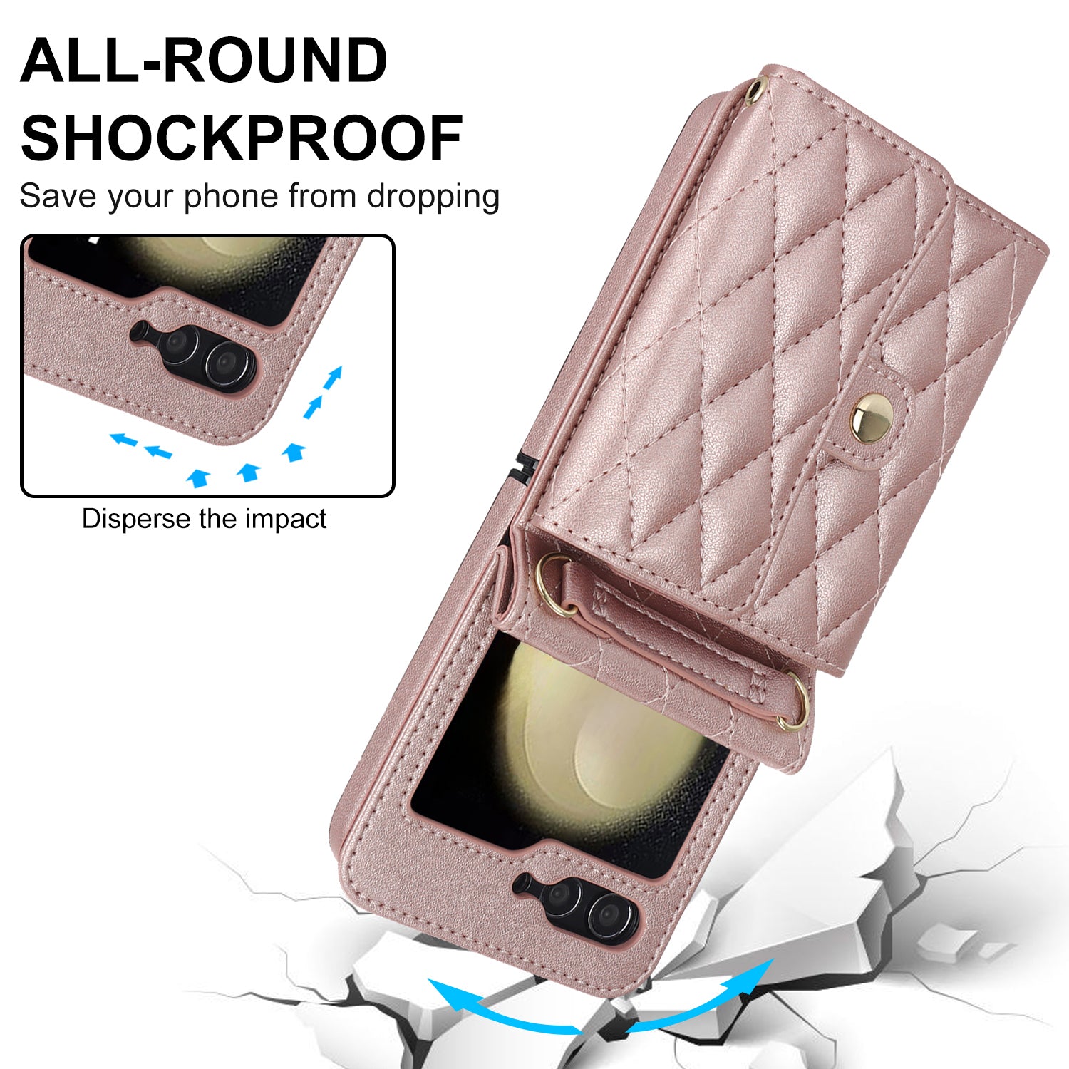 ZD 03 for Samsung Galaxy Z Flip6 5G Case Bag Design PU Leather Crossbody Phone Cover RFID Blocking - Rose Gold