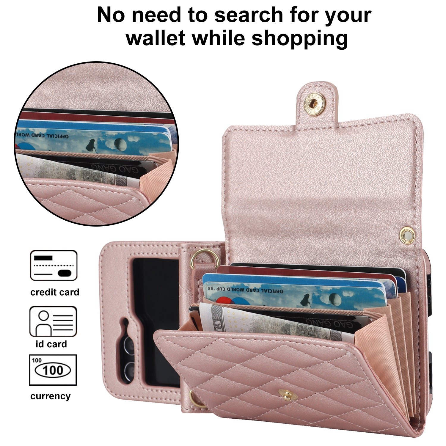 ZD 03 for Samsung Galaxy Z Flip6 5G Case Bag Design PU Leather Crossbody Phone Cover RFID Blocking - Rose Gold