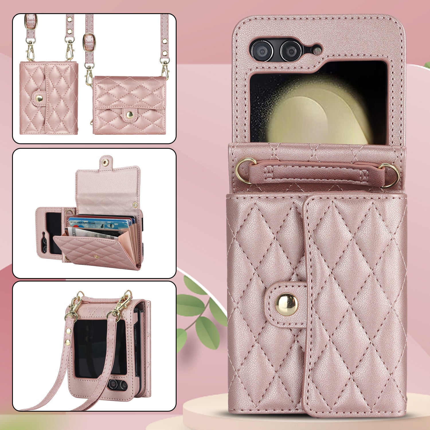 ZD 03 for Samsung Galaxy Z Flip6 5G Case Bag Design PU Leather Crossbody Phone Cover RFID Blocking - Rose Gold