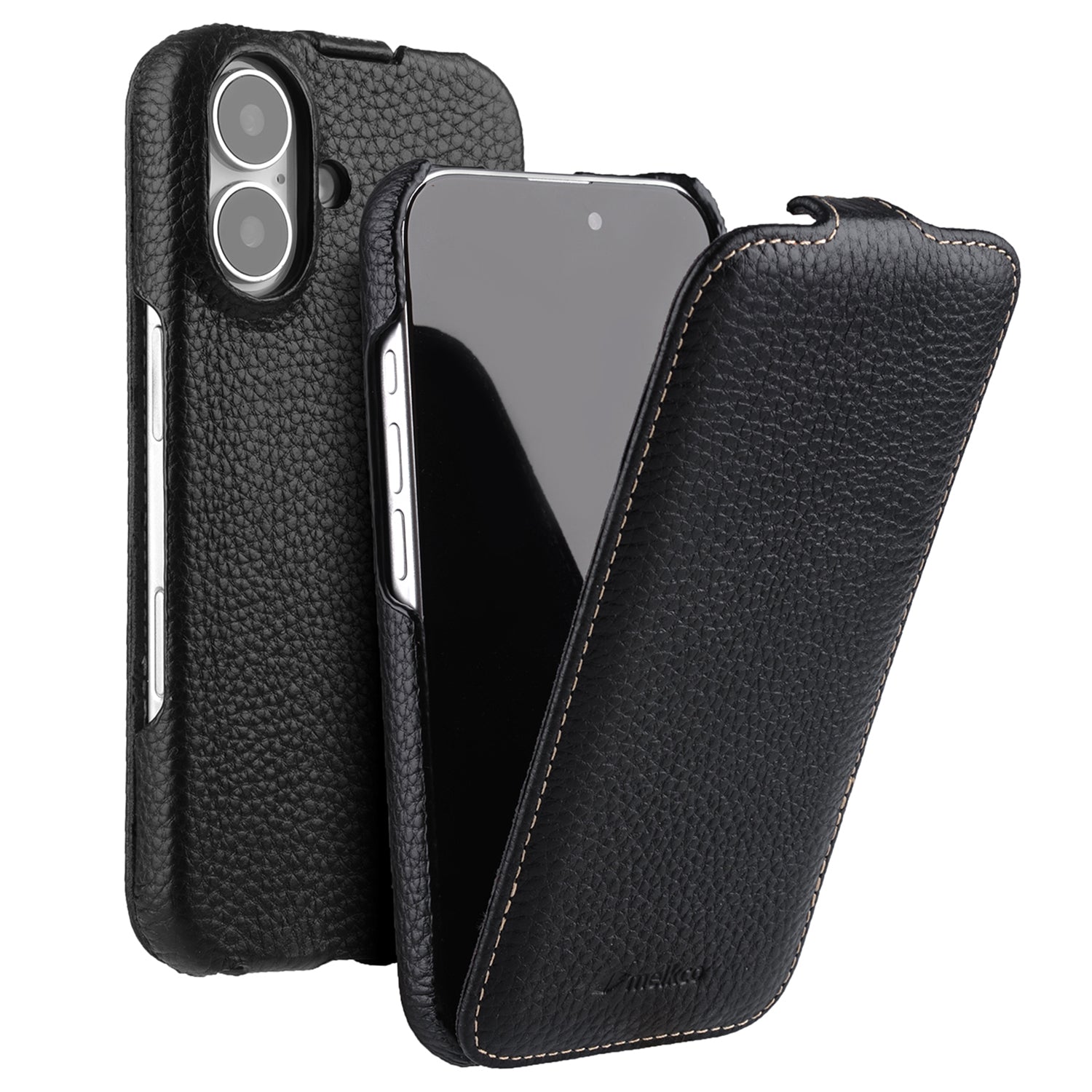 MELKCO For iPhone 16 Case Vertical Flip Genuine Cow Leather+PC Shockproof Cover - Black