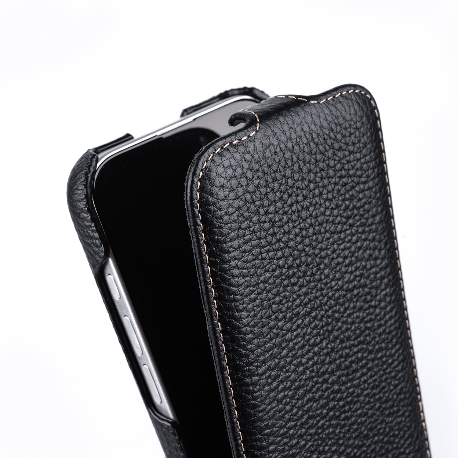 MELKCO For iPhone 16 Case Vertical Flip Genuine Cow Leather+PC Shockproof Cover - Black