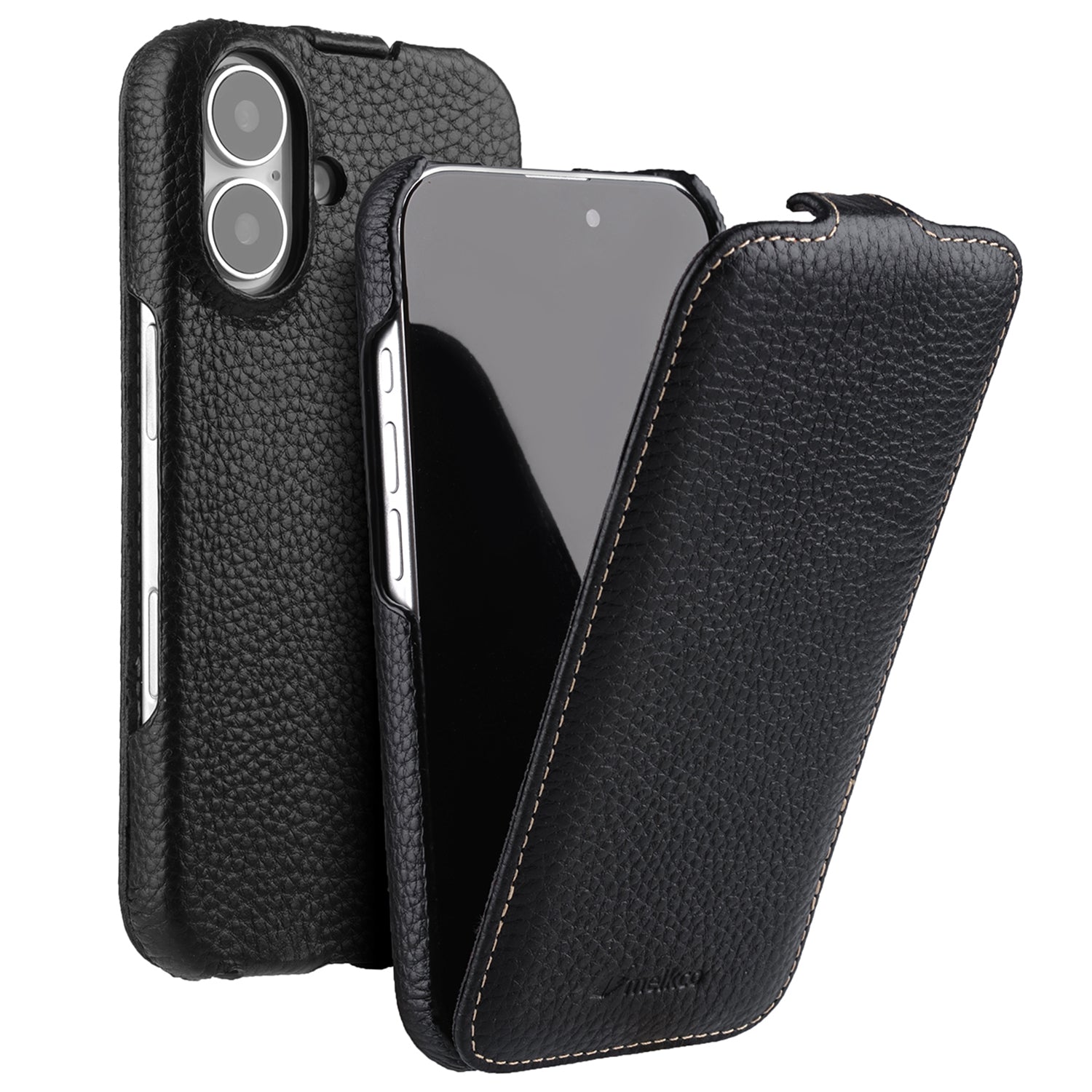 MELKCO For iPhone 16 Plus Case Vertical Flip Genuine Cow Leather+PC Shockproof Cover - Black