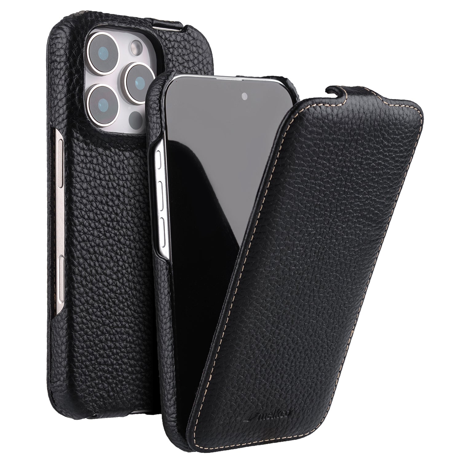 MELKCO For iPhone 16 Pro Case Vertical Flip Genuine Cow Leather+PC Shockproof Cover - Black