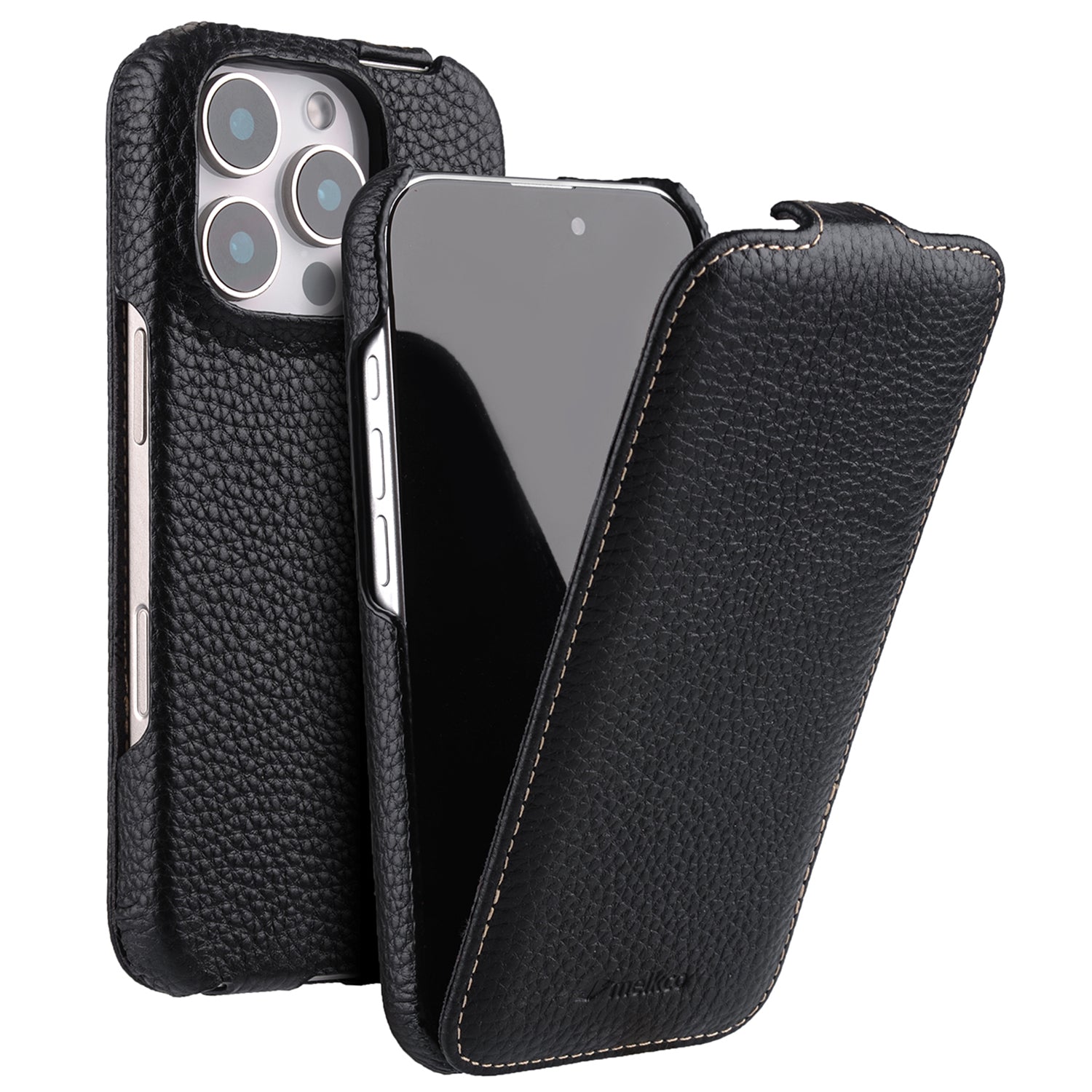 MELKCO For iPhone 16 Pro Max Case Genuine Cow Leather Cover Vertical Flip Style - Black