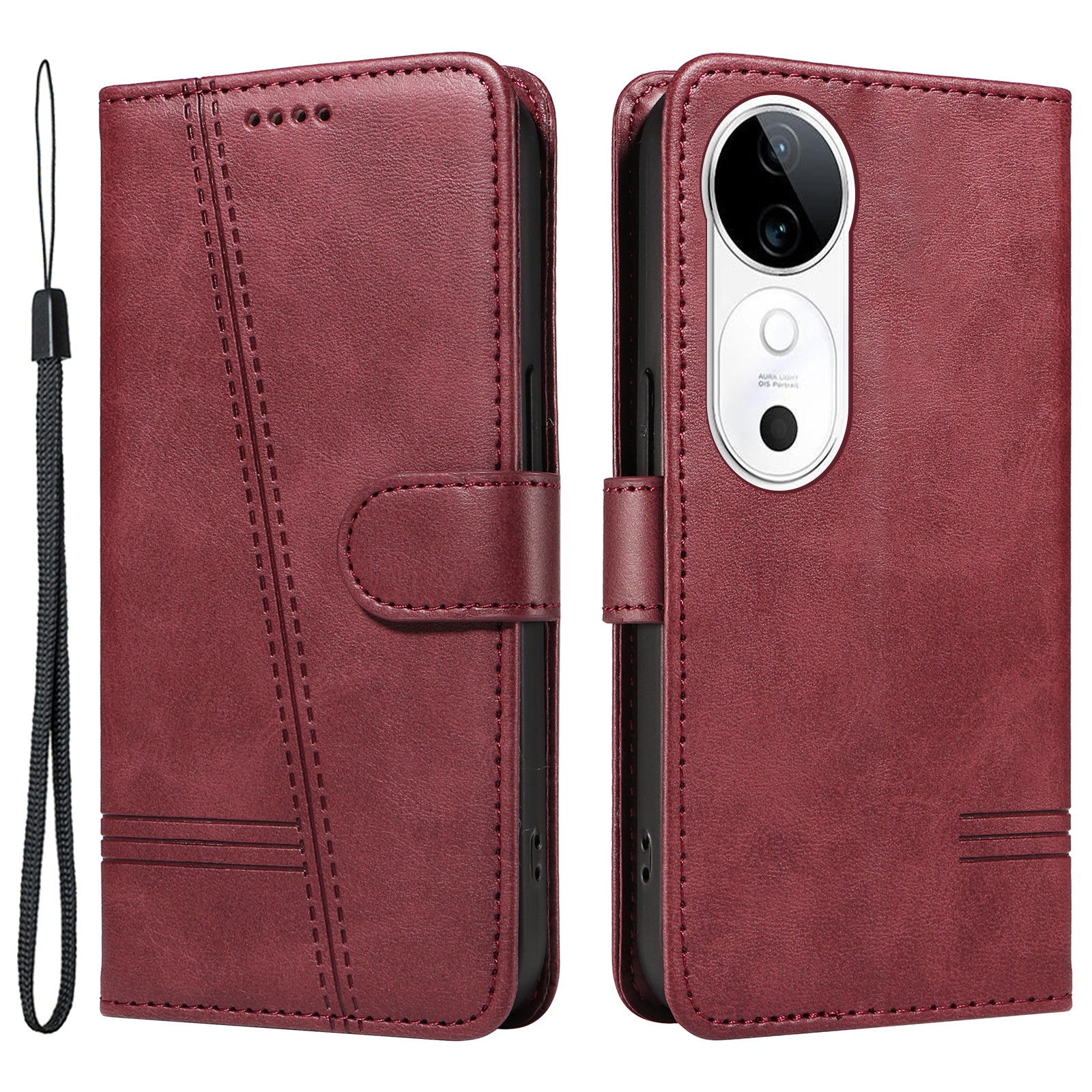 For vivo S19 5G / V40 5G Case Lines Imprint PU Leather Wallet Phone Cover - Wine Red