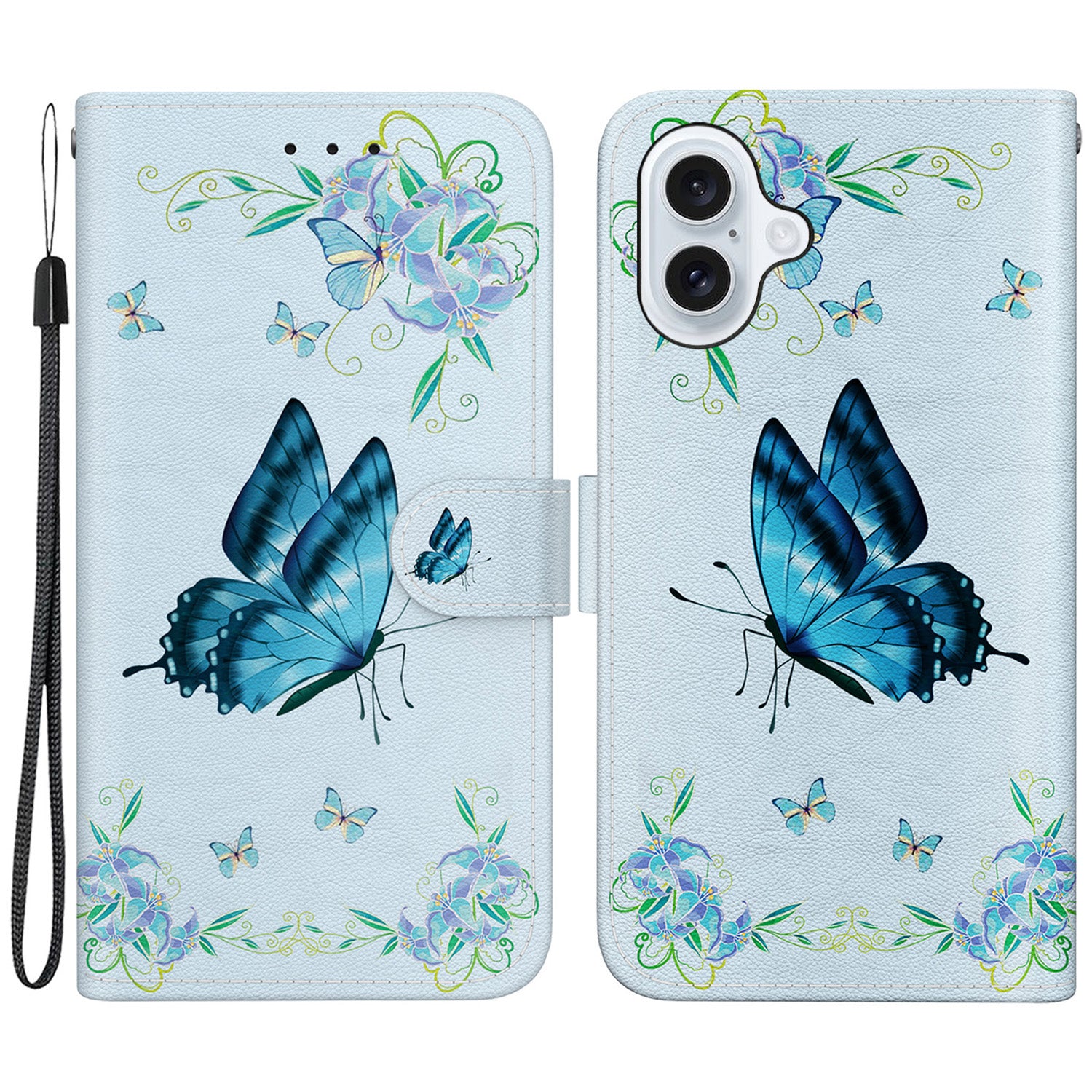 For iPhone 16 Plus Wallet Case Pattern Print Leather Phone Cover - Blue Butterfly Flower