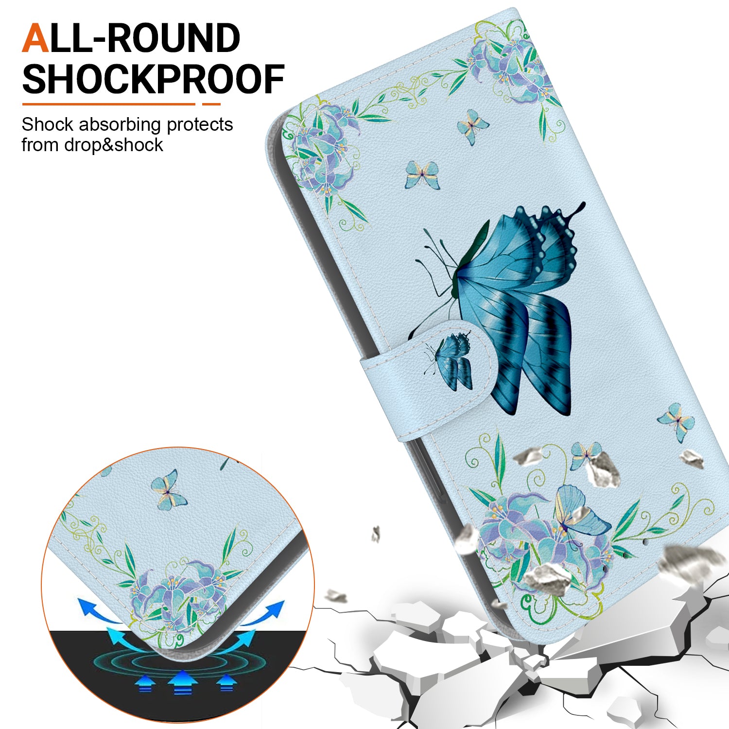 For iPhone 16 Plus Wallet Case Pattern Print Leather Phone Cover - Blue Butterfly Flower