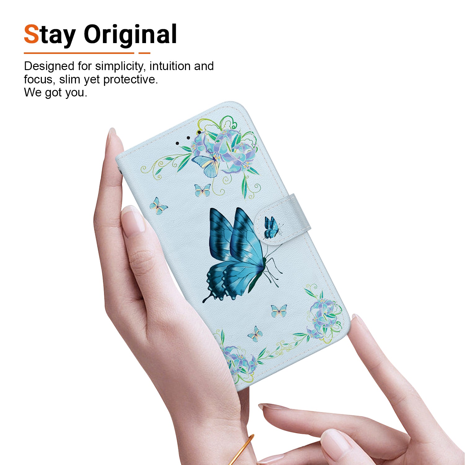 For iPhone 16 Plus Wallet Case Pattern Print Leather Phone Cover - Blue Butterfly Flower