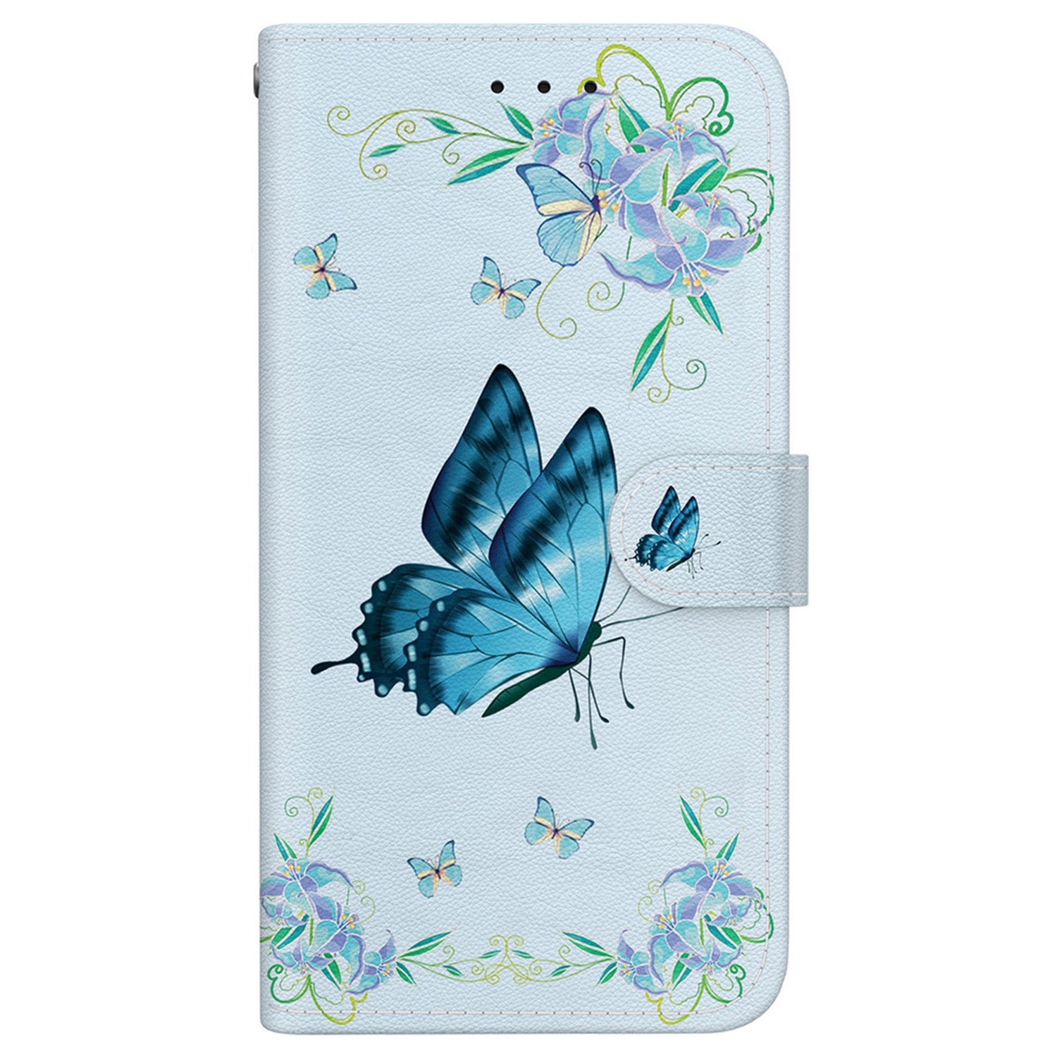 For iPhone 16 Plus Wallet Case Pattern Print Leather Phone Cover - Blue Butterfly Flower