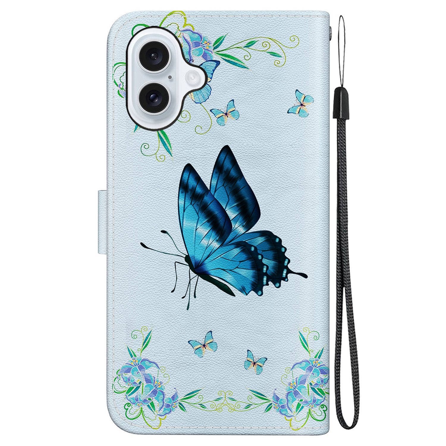 For iPhone 16 Plus Wallet Case Pattern Print Leather Phone Cover - Blue Butterfly Flower