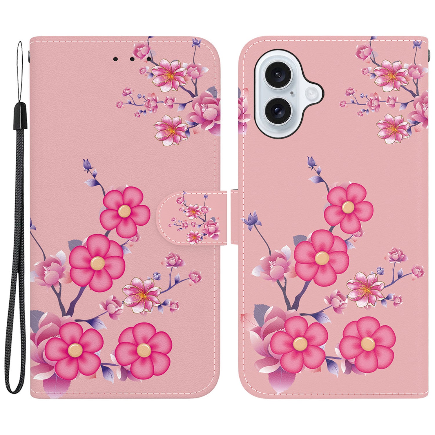 For iPhone 16 Plus Wallet Case Pattern Print Leather Phone Cover - Sakura