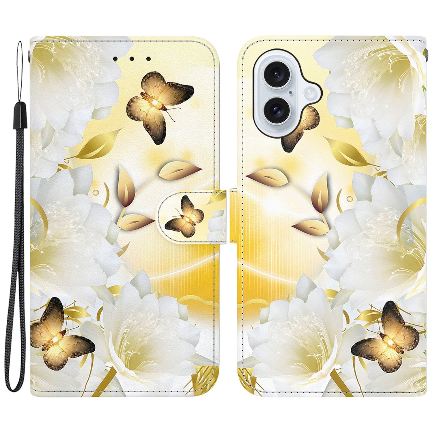 For iPhone 16 Plus Wallet Case Pattern Print Leather Phone Cover - Gold Butterfly Flower