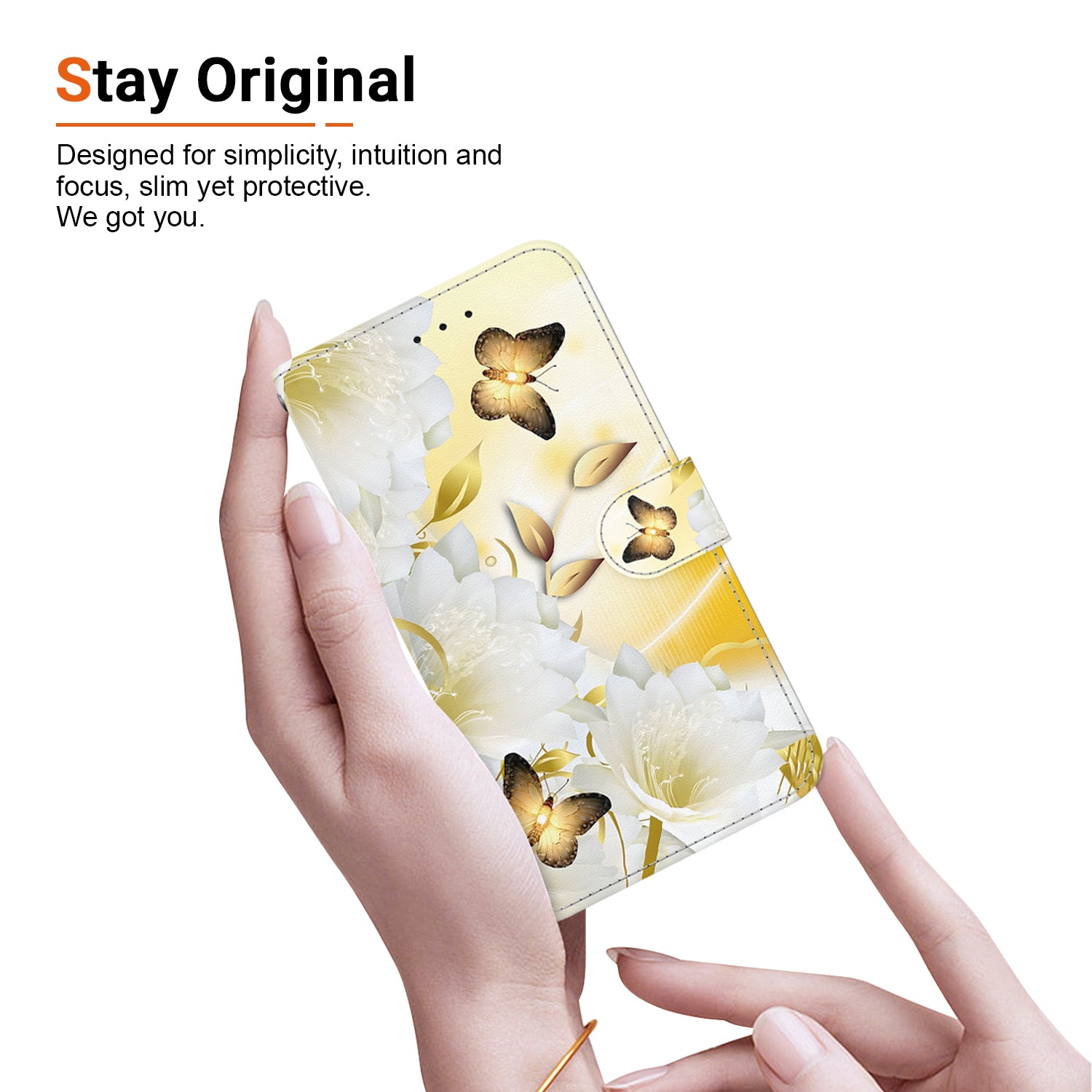 For iPhone 16 Plus Wallet Case Pattern Print Leather Phone Cover - Gold Butterfly Flower