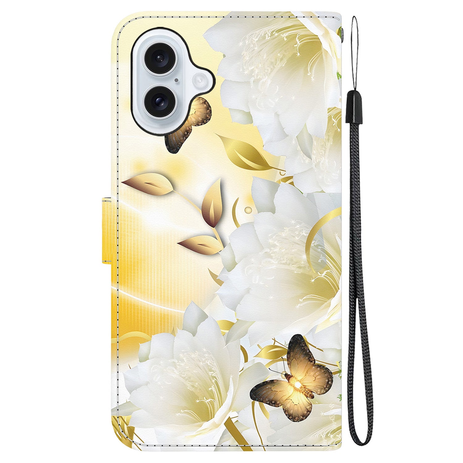 For iPhone 16 Plus Wallet Case Pattern Print Leather Phone Cover - Gold Butterfly Flower