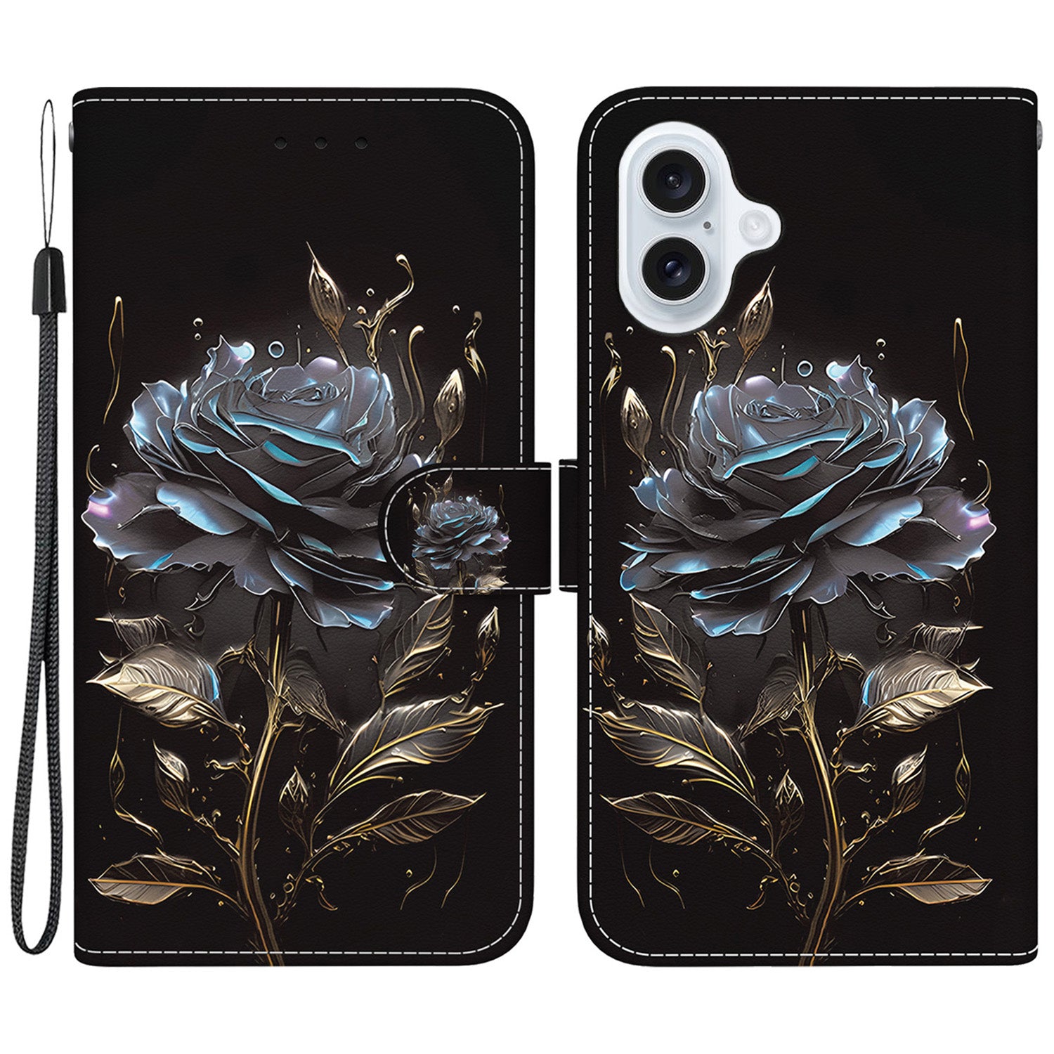 For iPhone 16 Plus Wallet Case Pattern Print Leather Phone Cover - Black Rose