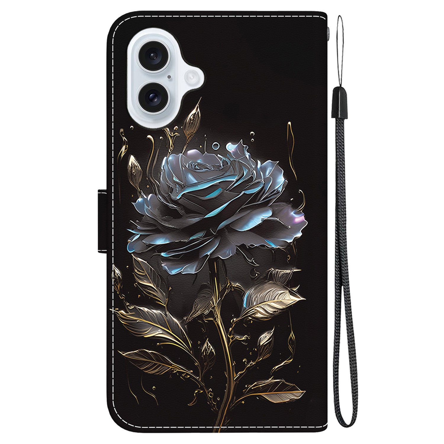 For iPhone 16 Plus Wallet Case Pattern Print Leather Phone Cover - Black Rose