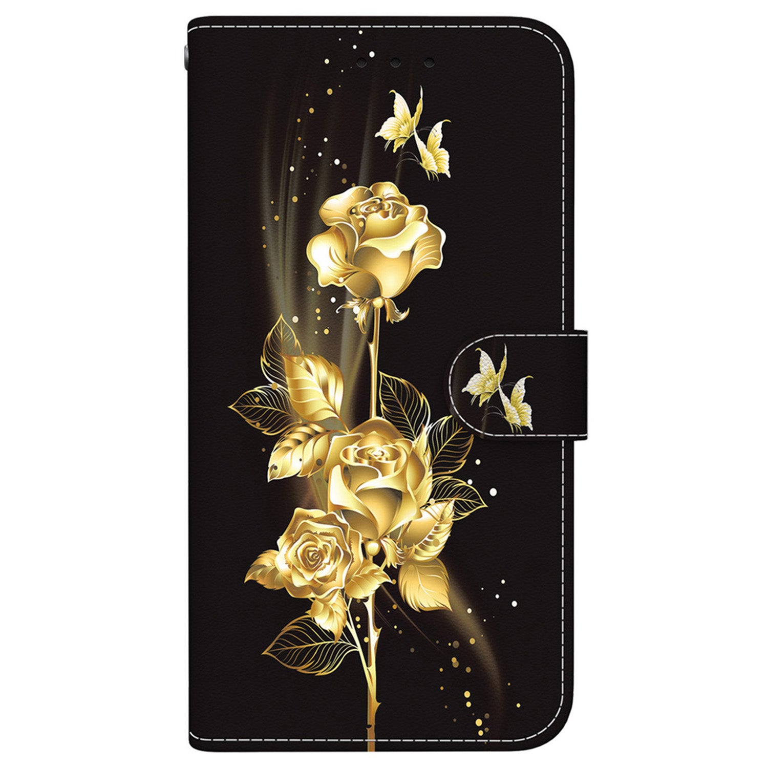 For iPhone 16 Plus Wallet Case Pattern Print Leather Phone Cover - Gold Butterfly Rose