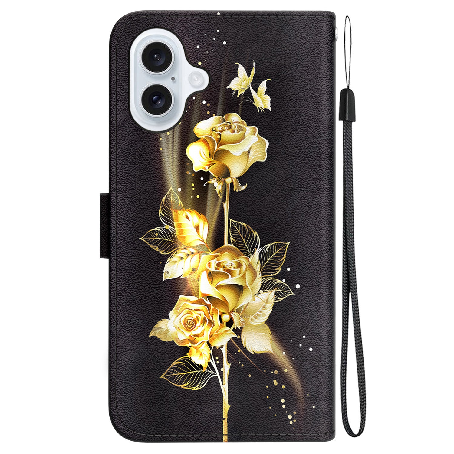 For iPhone 16 Plus Wallet Case Pattern Print Leather Phone Cover - Gold Butterfly Rose