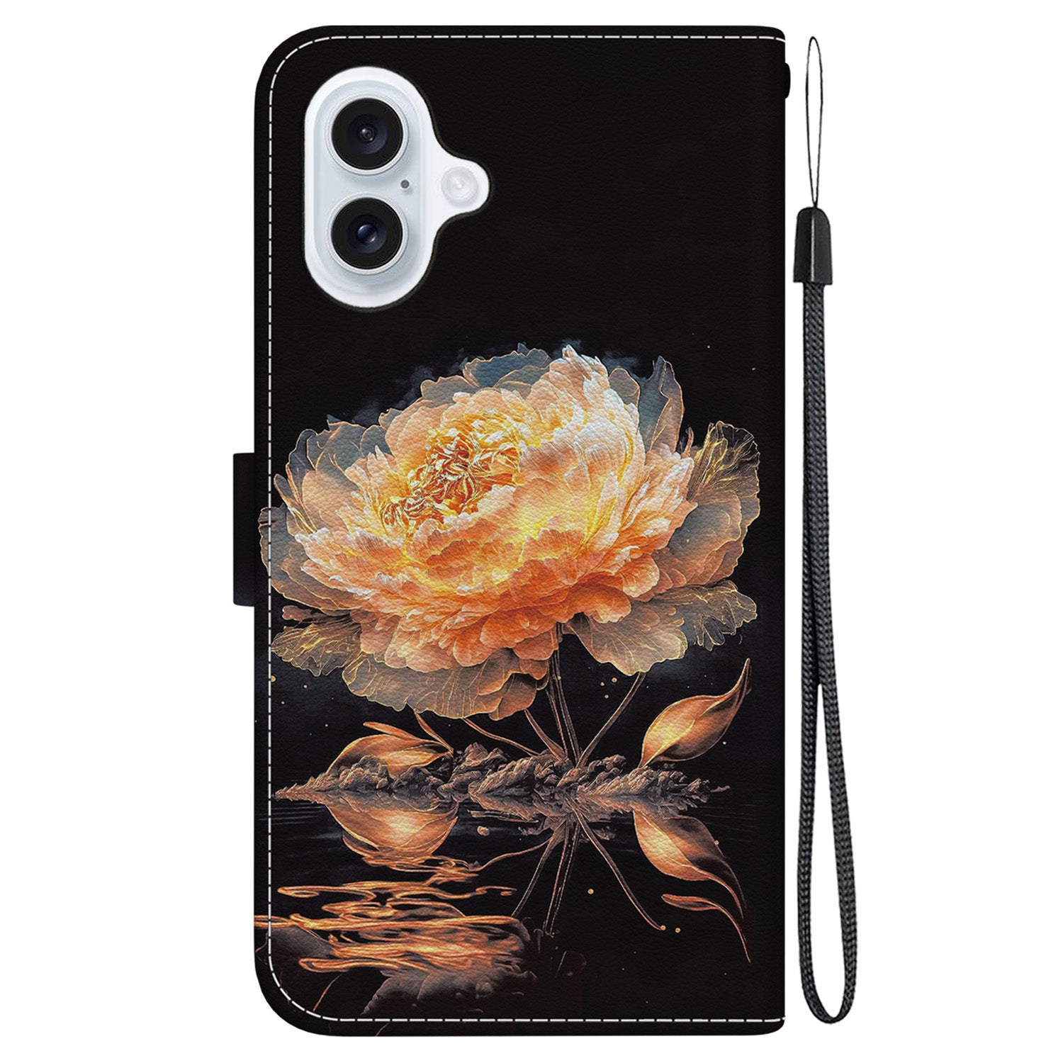 For iPhone 16 Plus Wallet Case Pattern Print Leather Phone Cover - Gold Peony