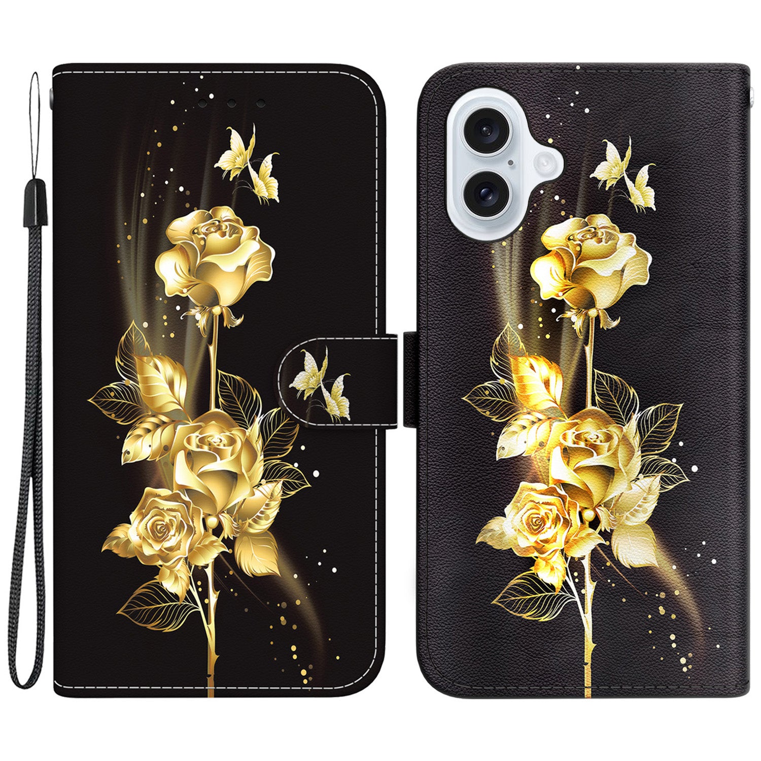 For iPhone 16 Stand Case Pattern Print Leather Wallet Phone Cover - Gold Butterfly Rose