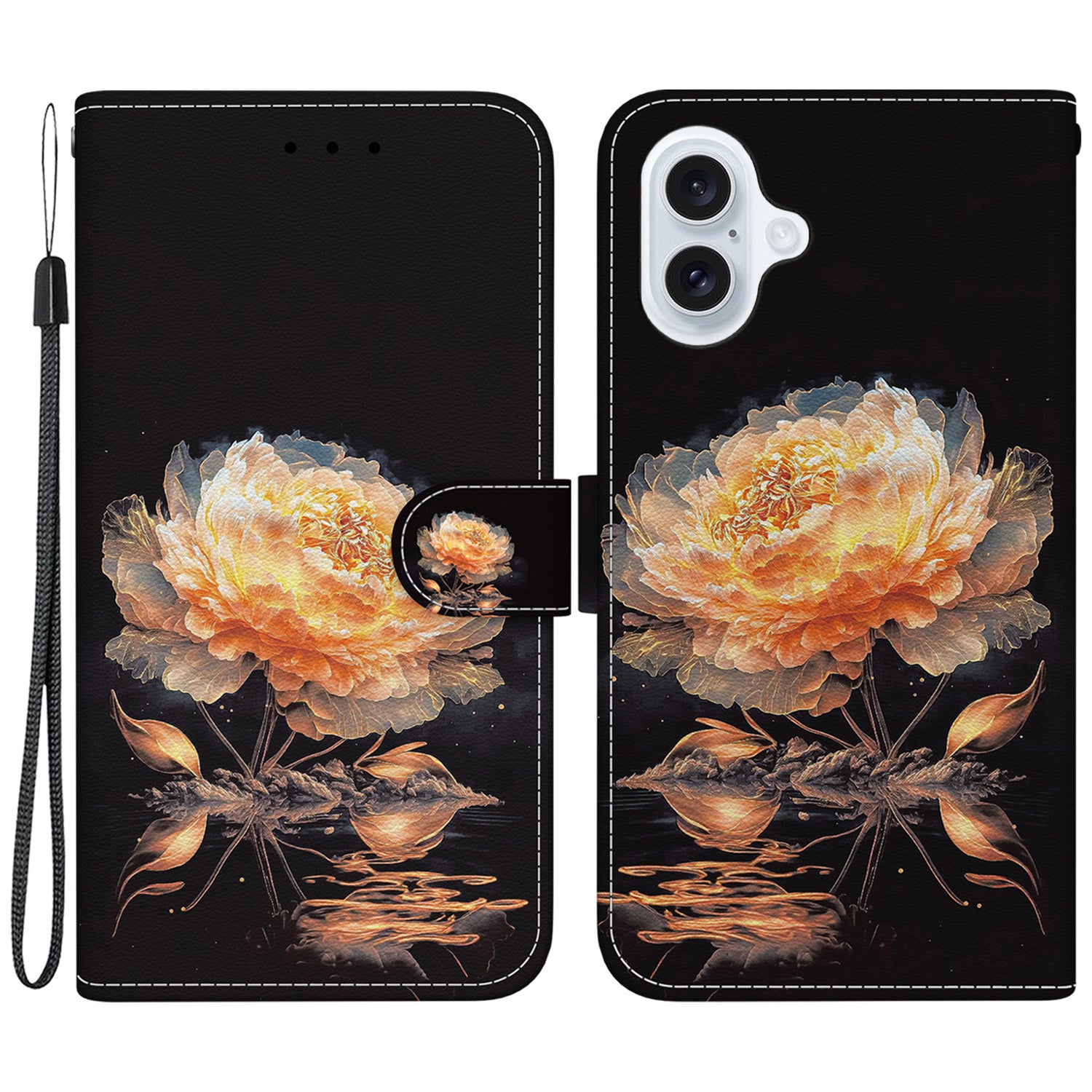 For iPhone 16 Stand Case Pattern Print Leather Wallet Phone Cover - Gold Peony