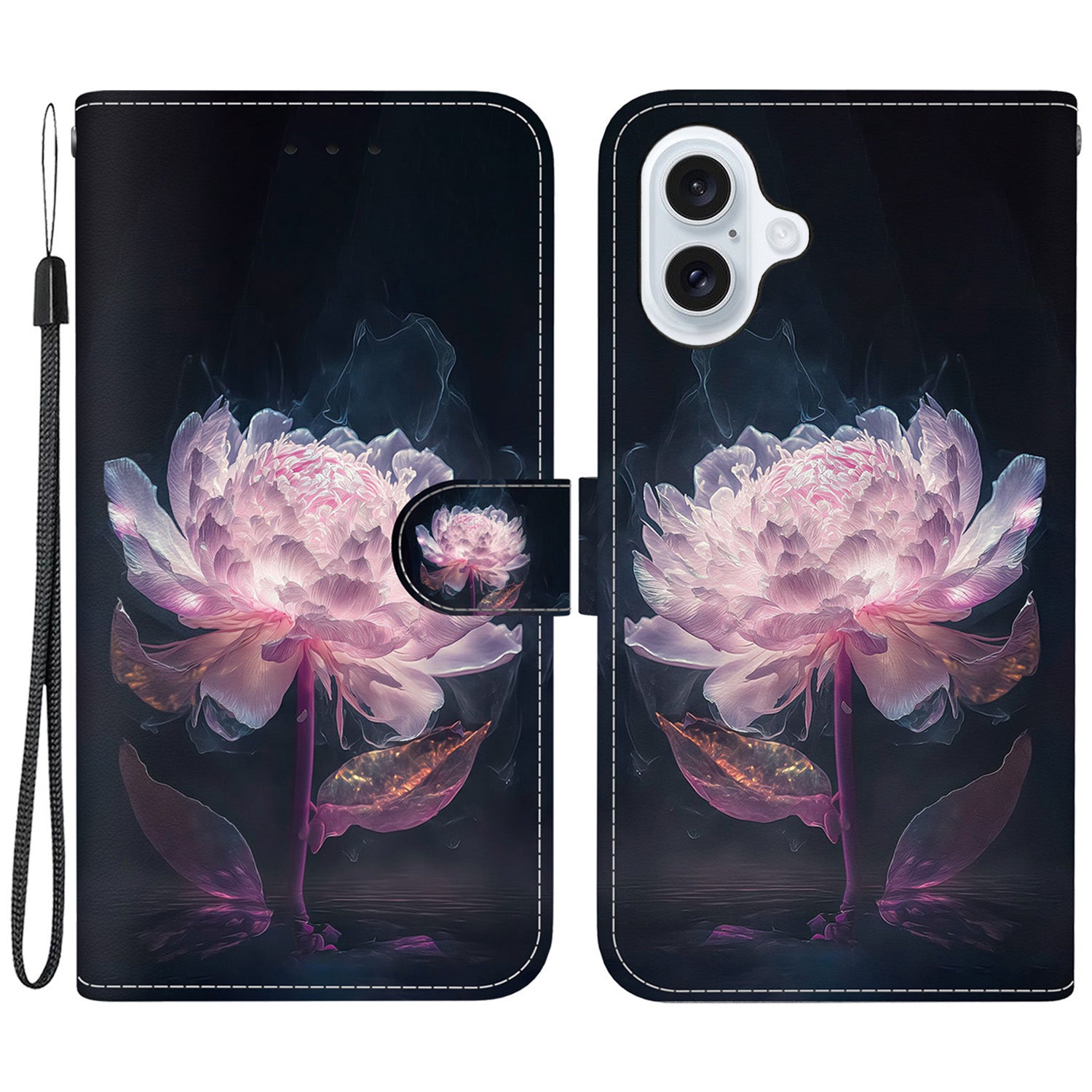 For iPhone 16 Stand Case Pattern Print Leather Wallet Phone Cover - Purple Peony