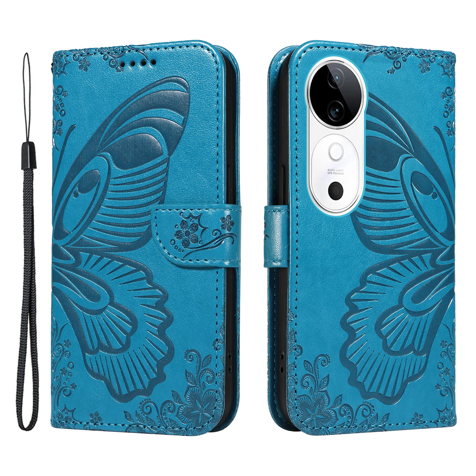 For vivo S19 5G  /  V40 5G Case Wallet Flip Shockproof Floral Butterfly Leather Phone Cover - Blue