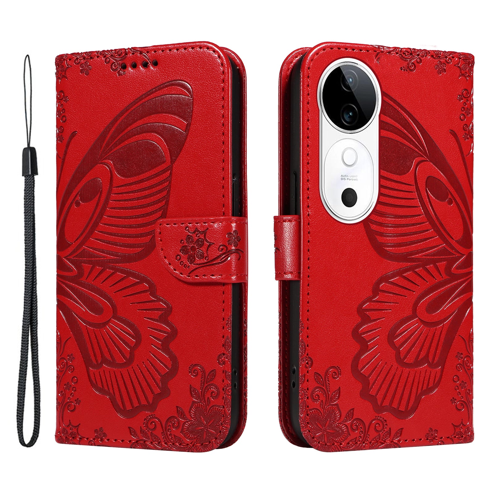 For vivo S19 5G  /  V40 5G Case Wallet Flip Shockproof Floral Butterfly Leather Phone Cover - Red