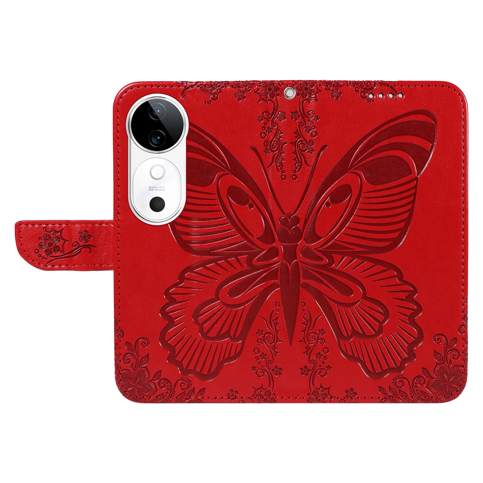 For vivo S19 5G  /  V40 5G Case Wallet Flip Shockproof Floral Butterfly Leather Phone Cover - Red