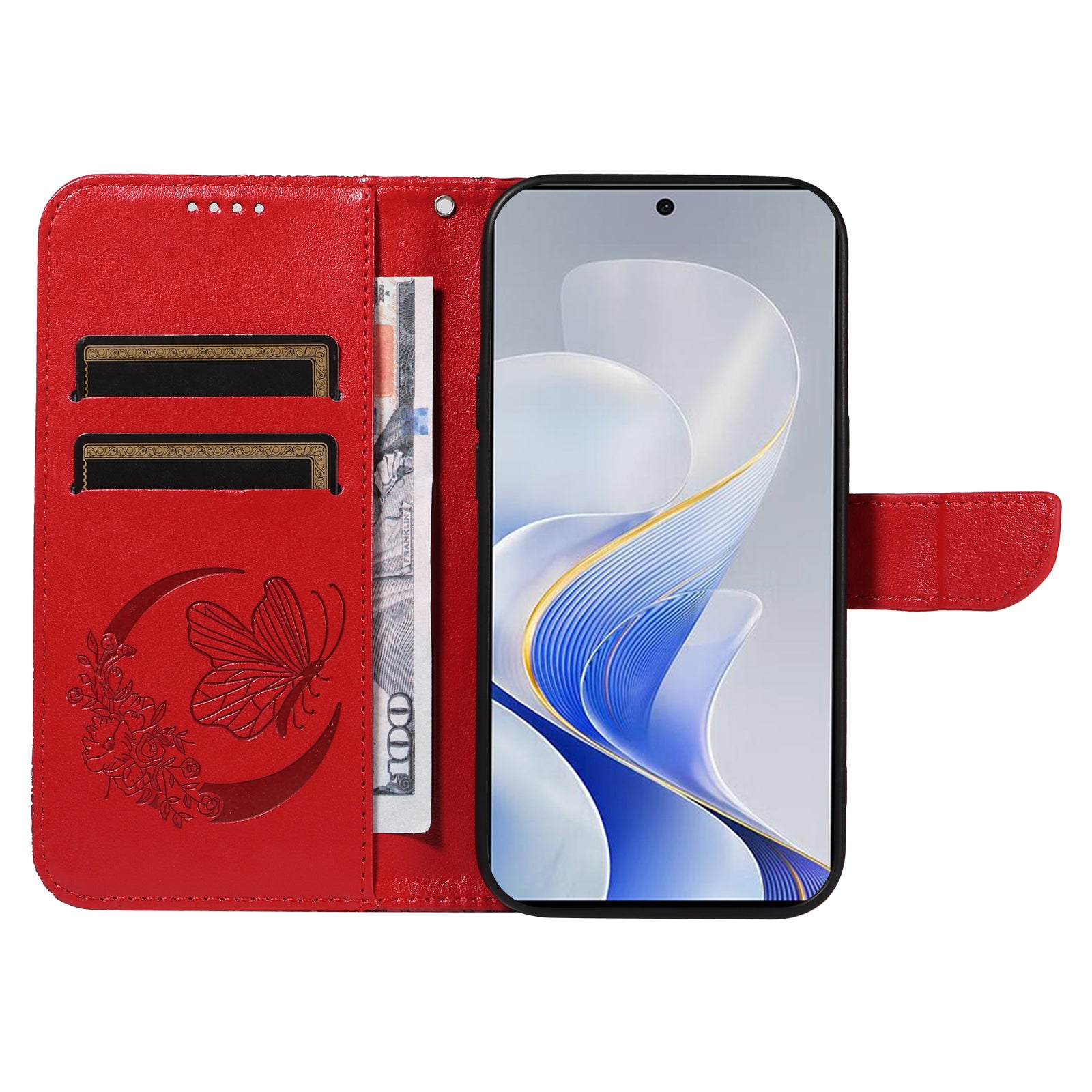 For vivo S19 5G  /  V40 5G Case Wallet Flip Shockproof Floral Butterfly Leather Phone Cover - Red