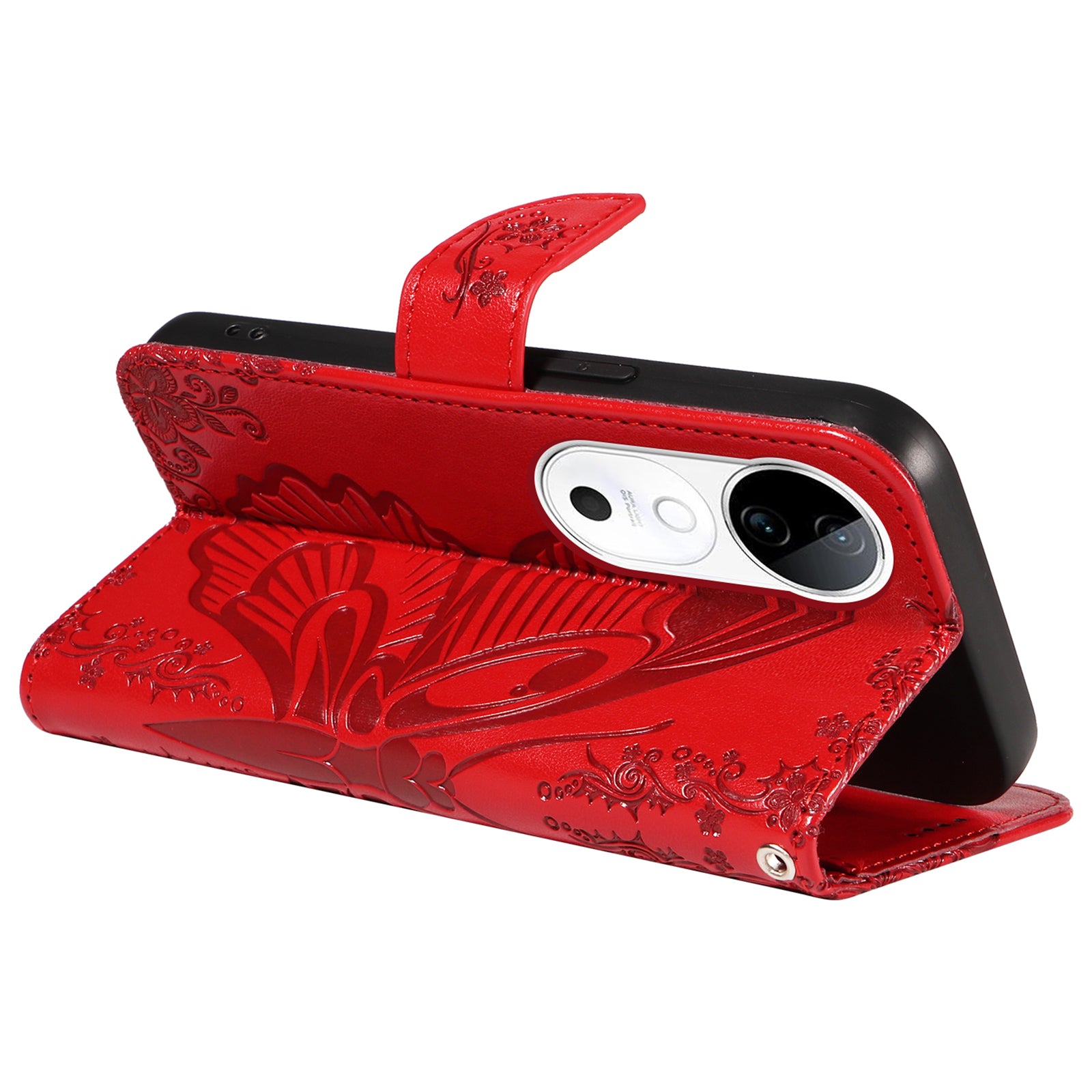 For vivo S19 5G  /  V40 5G Case Wallet Flip Shockproof Floral Butterfly Leather Phone Cover - Red