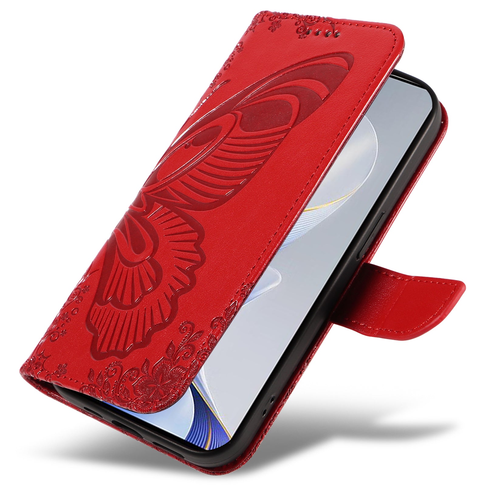 For vivo S19 5G  /  V40 5G Case Wallet Flip Shockproof Floral Butterfly Leather Phone Cover - Red