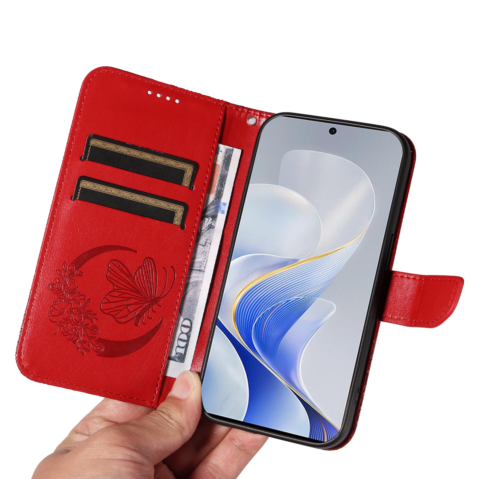 For vivo S19 5G  /  V40 5G Case Wallet Flip Shockproof Floral Butterfly Leather Phone Cover - Red