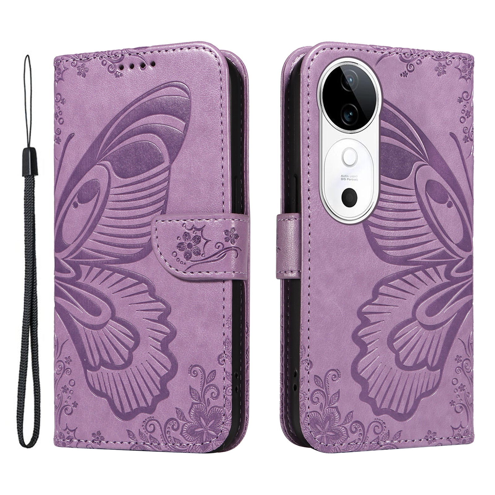 For vivo S19 5G  /  V40 5G Case Wallet Flip Shockproof Floral Butterfly Leather Phone Cover - Light Purple