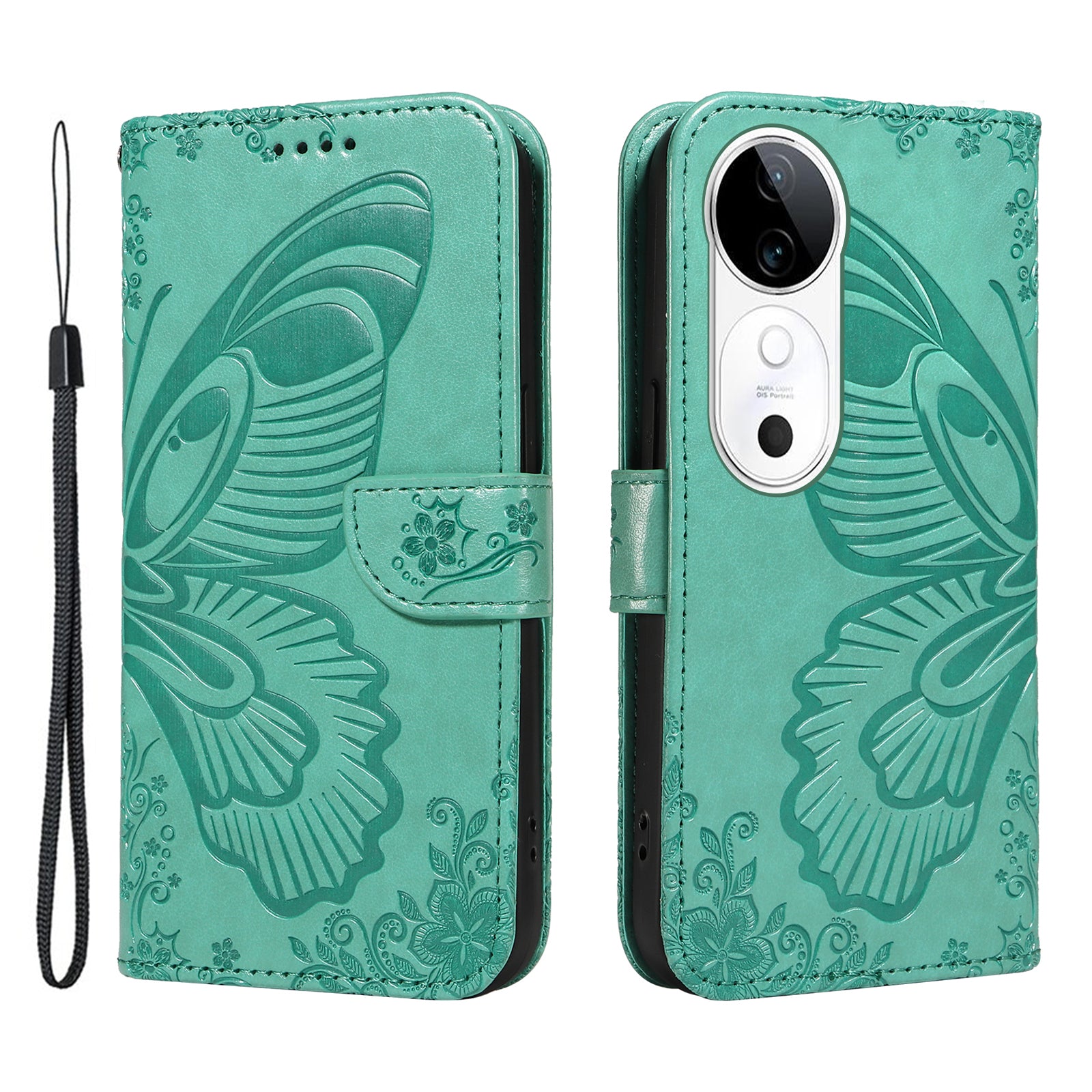 For vivo S19 5G  /  V40 5G Case Wallet Flip Shockproof Floral Butterfly Leather Phone Cover - Green