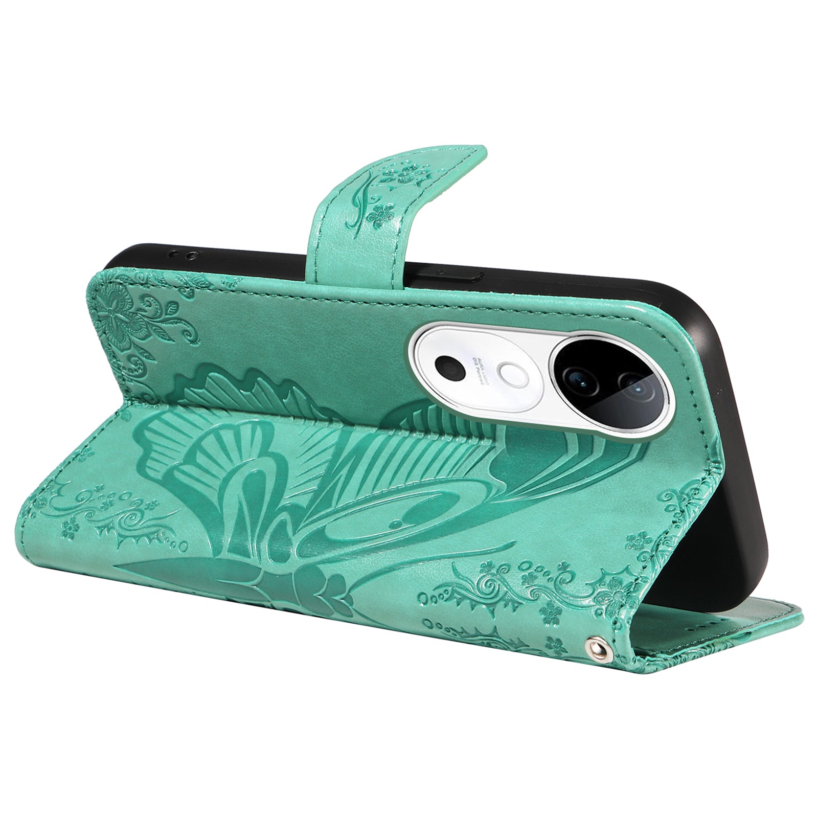 For vivo S19 5G  /  V40 5G Case Wallet Flip Shockproof Floral Butterfly Leather Phone Cover - Green