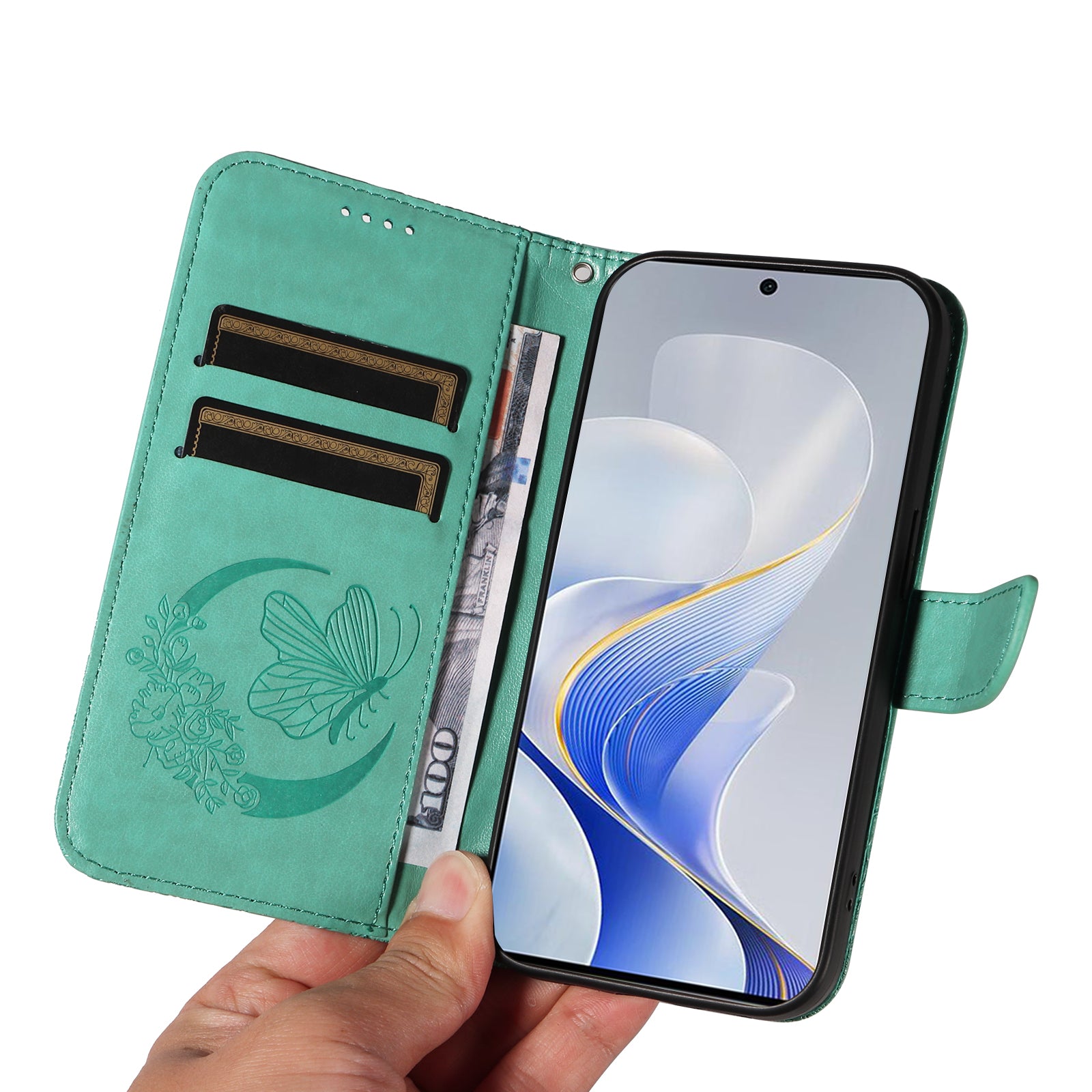 For vivo S19 5G  /  V40 5G Case Wallet Flip Shockproof Floral Butterfly Leather Phone Cover - Green