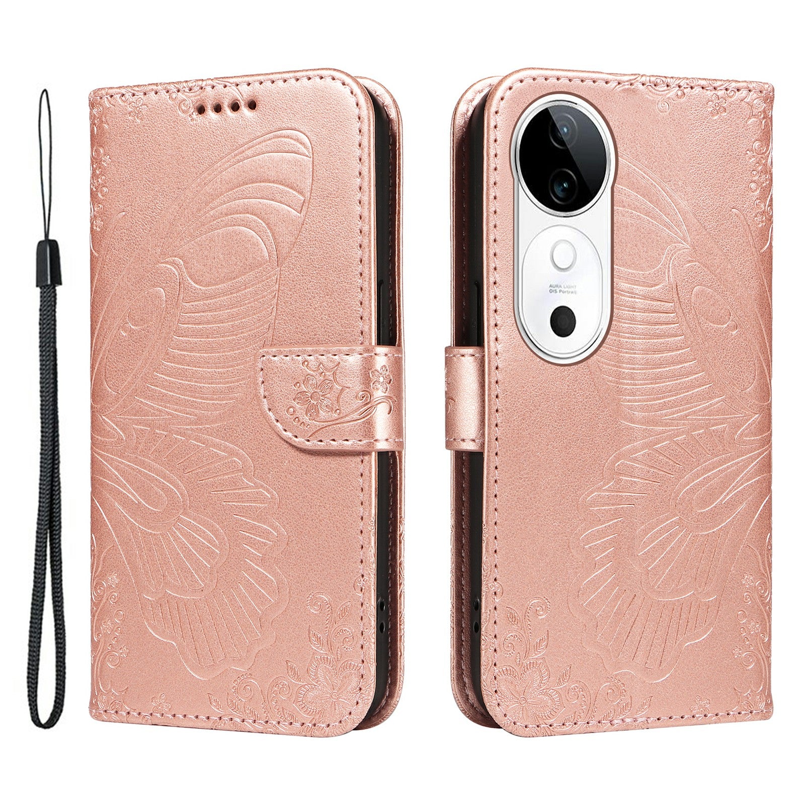 For vivo S19 5G  /  V40 5G Case Wallet Flip Shockproof Floral Butterfly Leather Phone Cover - Rose Gold