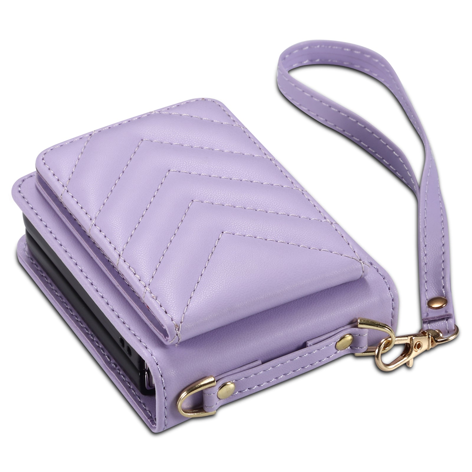 For Samsung Galaxy Z Flip6 5G Case PU Leather+PC Crossbody Phone Cover with Card Holder - Purple