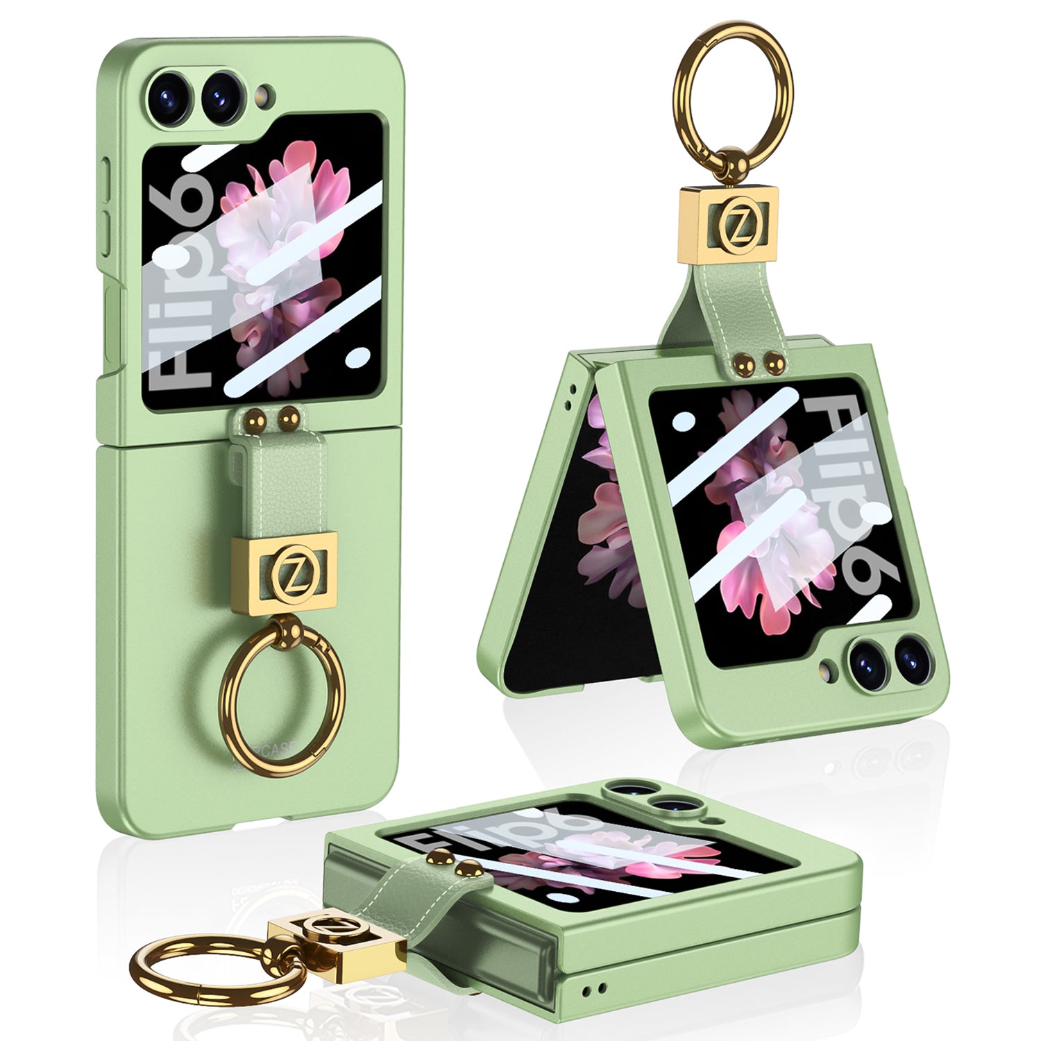 GKK For Samsung Galaxy Z Flip6 5G PC Phone Case with Ring Holder+Tempered Glass Front Screen Film - Matcha Green