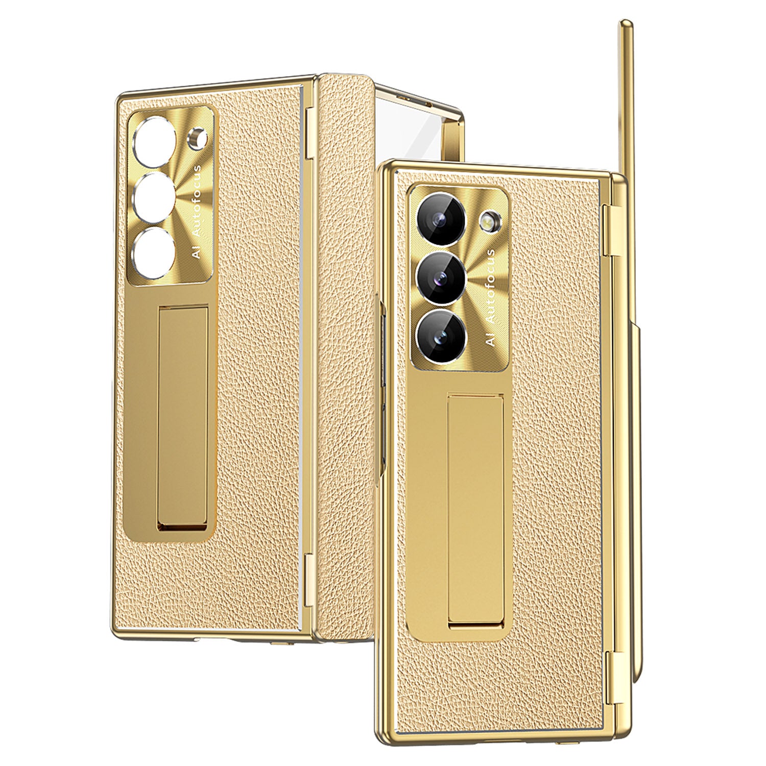 For Samsung Galaxy Z Fold6 5G PU Leather+Aluminum Alloy Kickstand Cover Folding Phone Case with Pen  /  Pen Slot - Gold+Gold