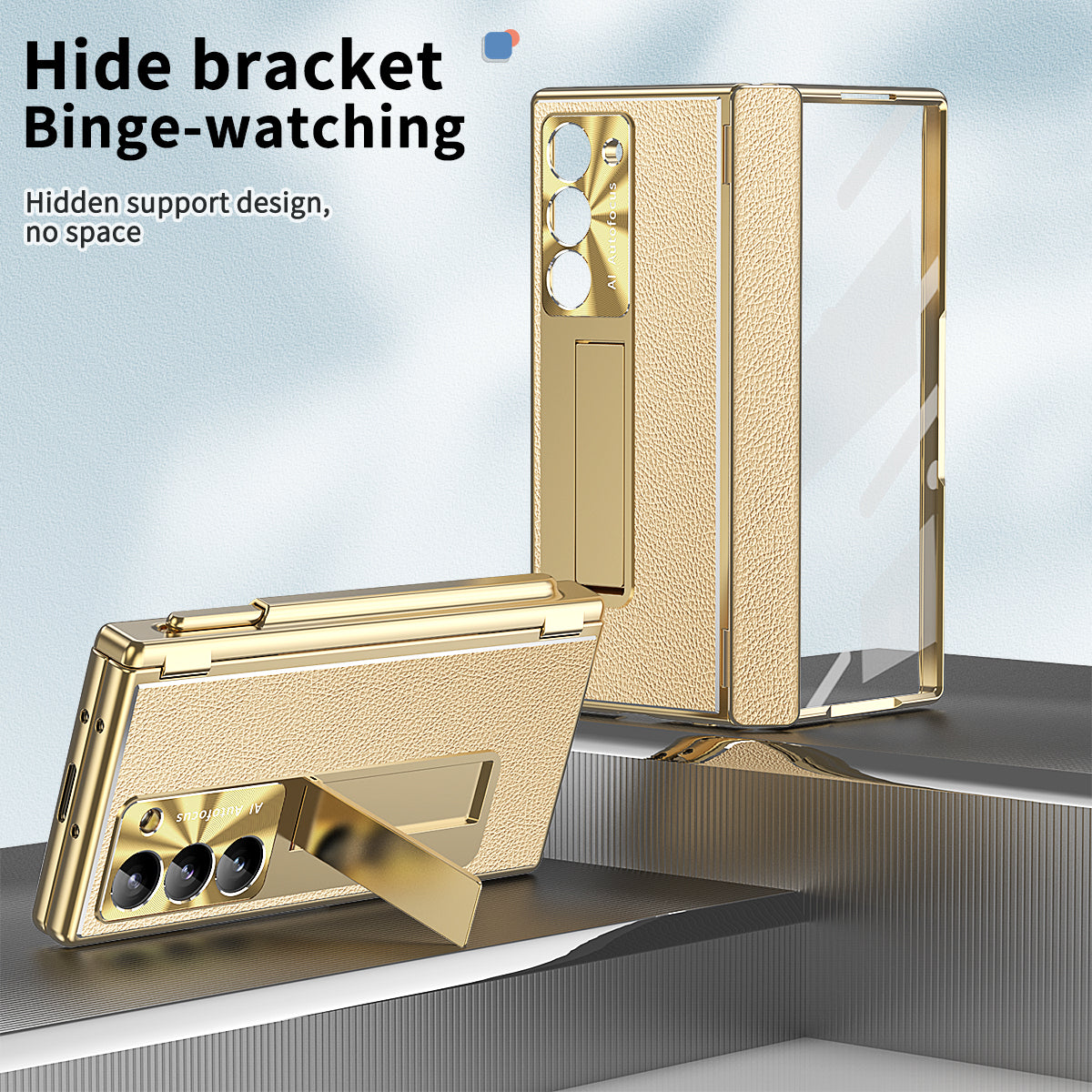 For Samsung Galaxy Z Fold6 5G PU Leather+Aluminum Alloy Kickstand Cover Folding Phone Case with Pen  /  Pen Slot - Gold+Gold