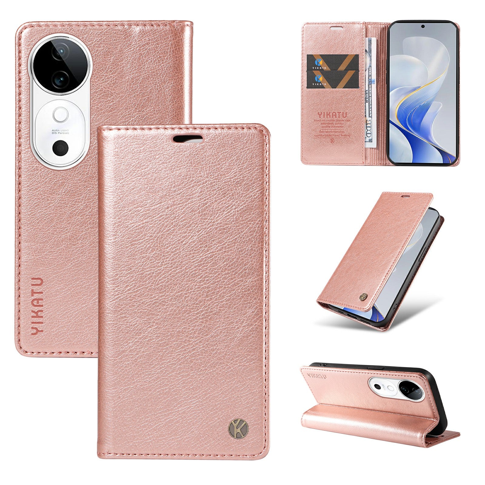 YIKATU YK-006 For vivo S19 5G / V40 5G Wallet Case Litchi Texture Leather Phone Cover - Rose Gold