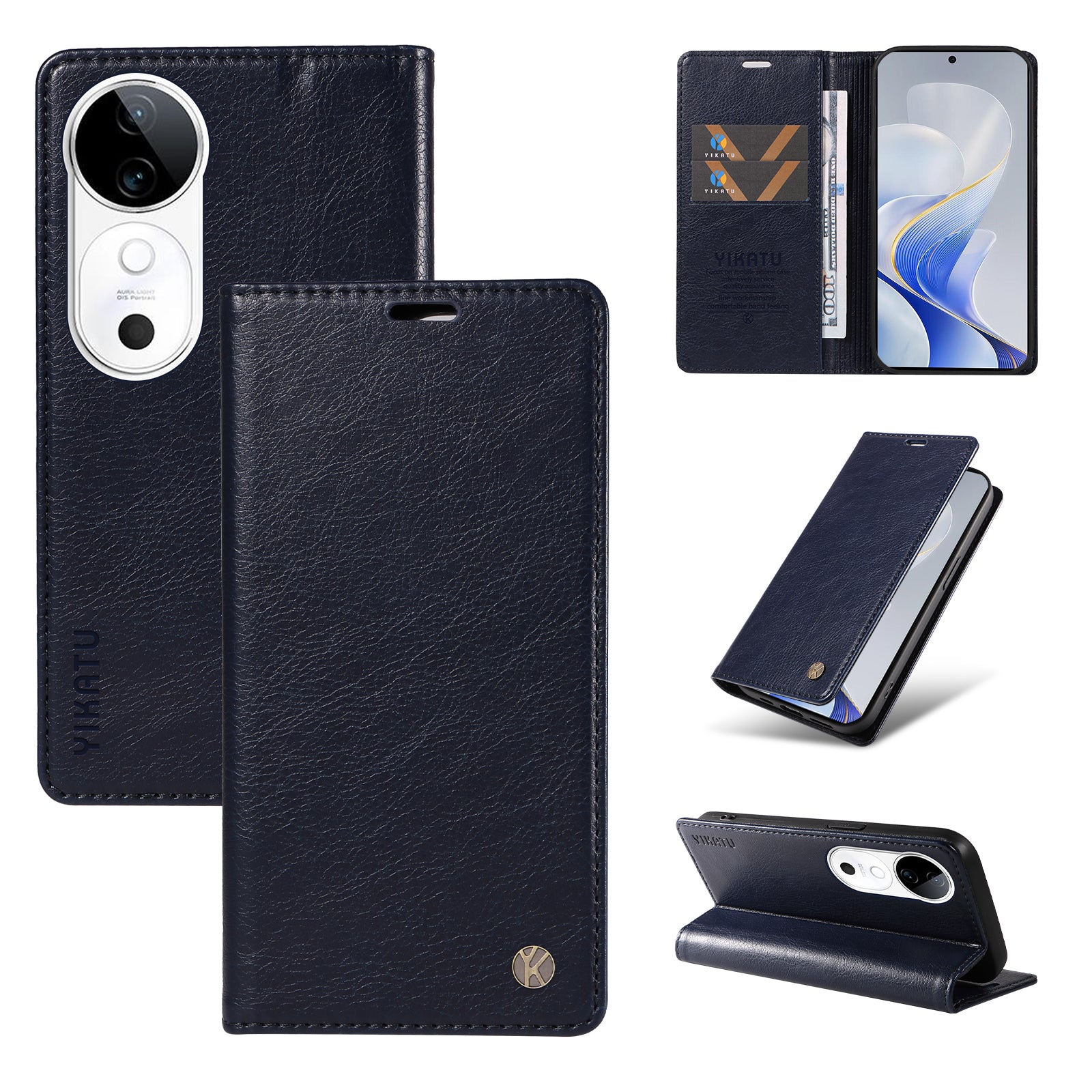 YIKATU YK-006 For vivo S19 5G / V40 5G Wallet Case Litchi Texture Leather Phone Cover - Navy Blue