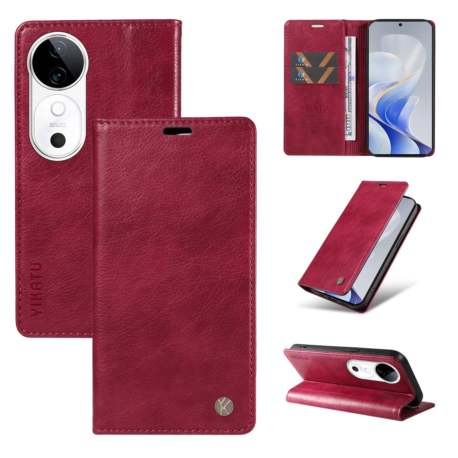 YIKATU YK-006 For vivo S19 5G / V40 5G Wallet Case Litchi Texture Leather Phone Cover - Wine Red